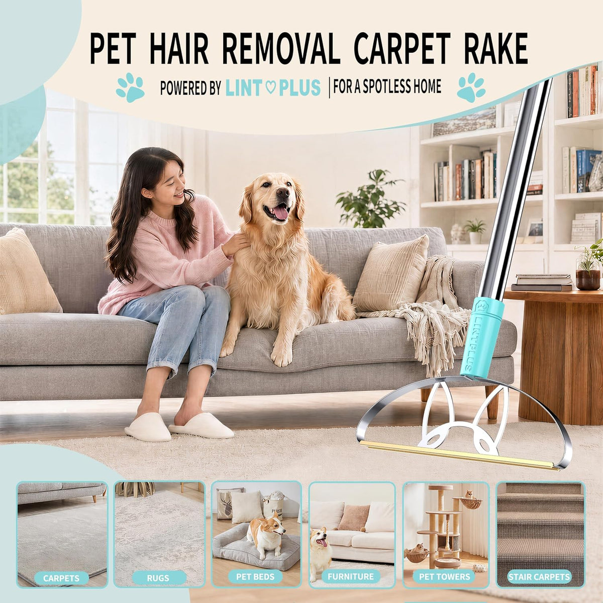 Rastrillo para Alfombras Ultra Largo de 63'' de Servicio Pesado - Removedor Eficiente de Pelo de Mascotas para Alfombras, Tapetes y Muebles, Raspador de Alfombras de Limpieza Profunda, Herramienta