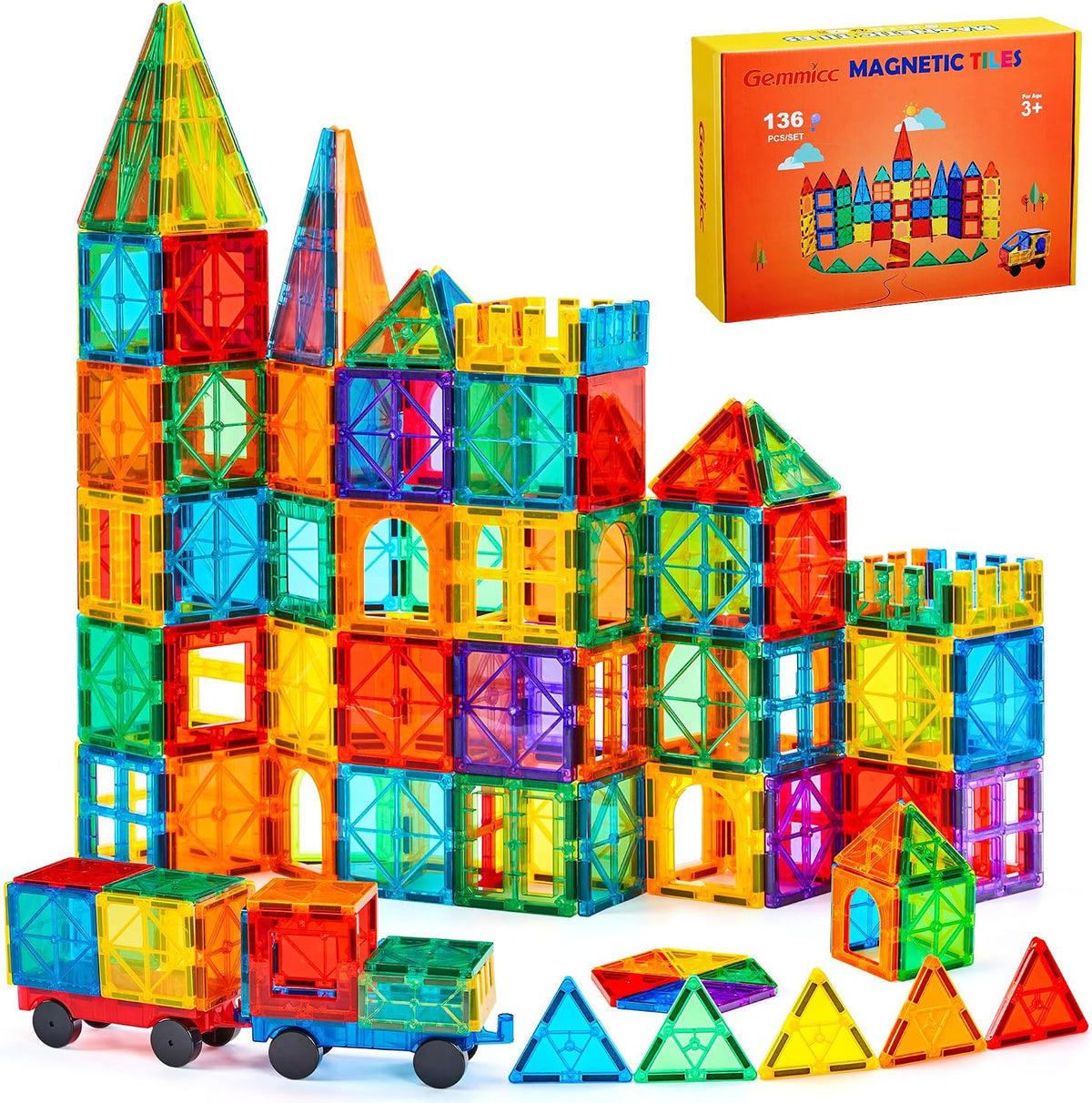 Gemmicc Azulejos Magnéticos, Deluxe 136 Piezas Bloques de Construcción Juguetes Magnéticos para Niños, Rompecabezas Magnéticos 3D Bloques Apilables para Niños y Niñas, Conjunto Enorme con 2 Carros