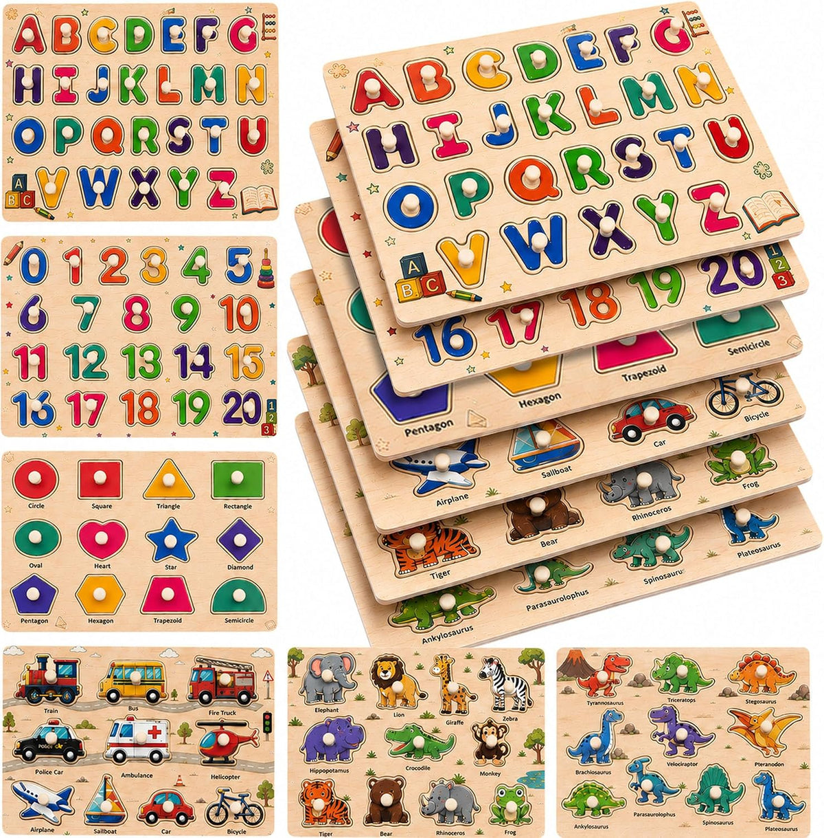 Rompecabezas de madera para niños de 3 a 5 años, paquete de 6 rompecabezas grandes con forma de números del alfabeto ABC con forma de dinosaurio, juguetes de aprendizaje preescolar, regalos educativos