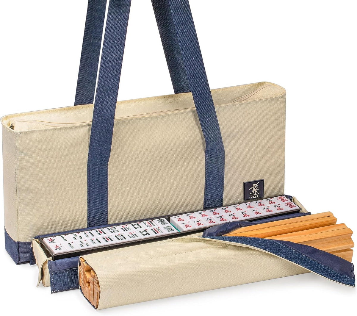 Yellow Mountain Imports American Mahjong Set, Harbor Mint con bolsa de lona beige y azul, 4 estantes todo en uno con empujadores, monedas de puntuación Wright Patterson, dados e indicador de viento