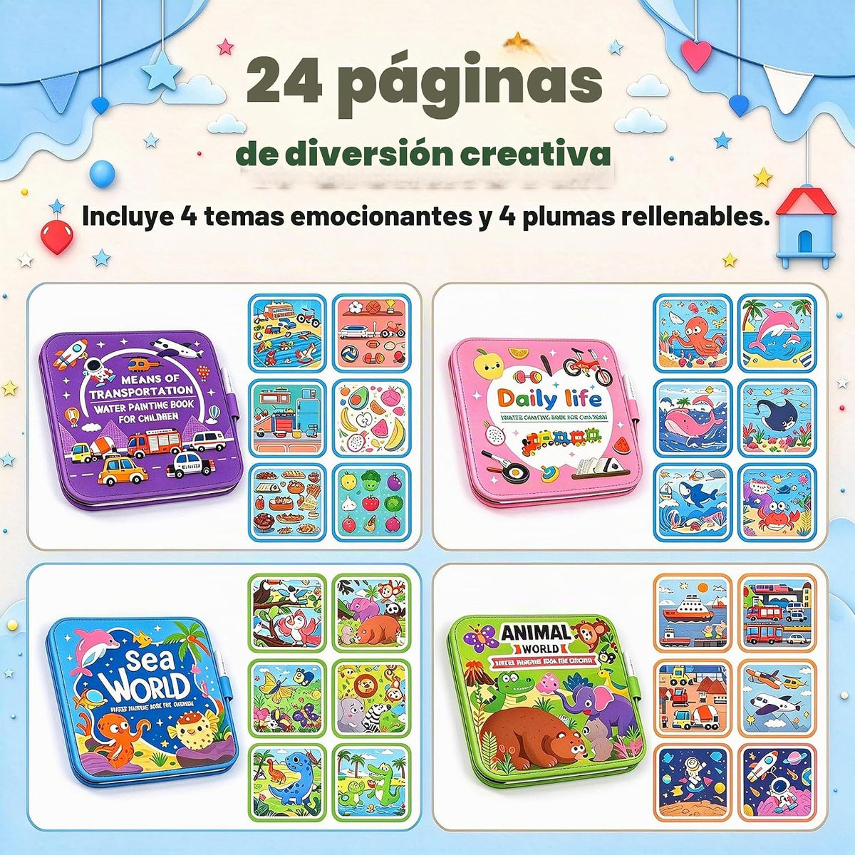 Libros mágicos para colorear al agua, paquete de 4 libros de pintura al
