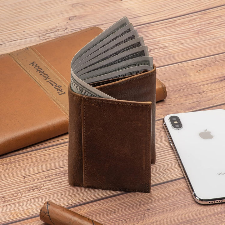 Billetera de cuero para hombre, billetera triple plegable con bloqu...