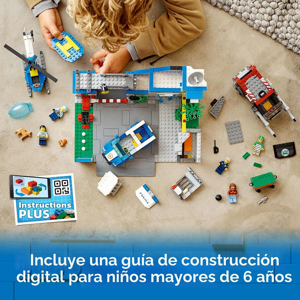 LEGO Estación de policía de la ciudad con furgoneta, camión de basura y juguete de helicóptero 60316, regalos para niños de 6 años de edad, niños y niñas con 5 minifiguras y juguete para perros