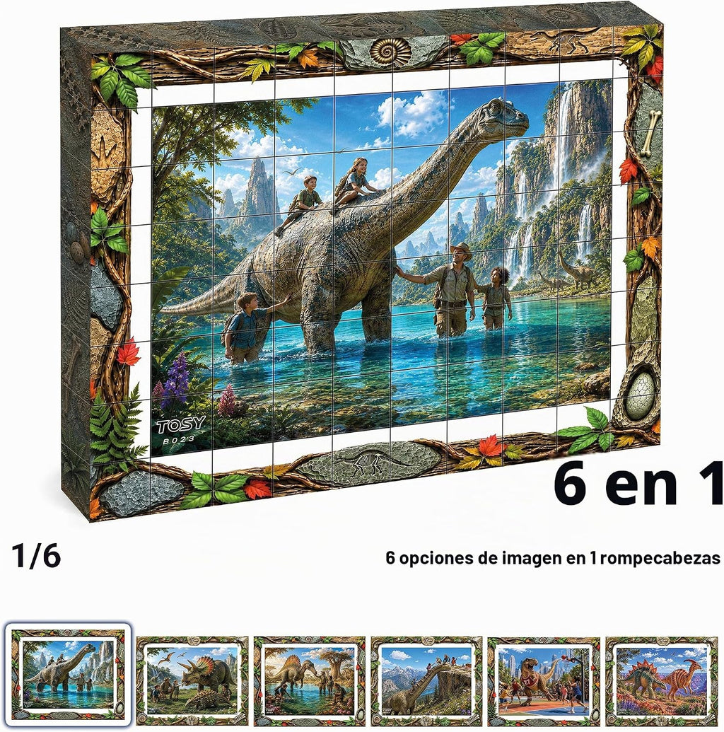 TOSY Picture Cube Life with Dinos: rompecabezas magnético 6 en 1, 80 bloques, 480 caras de rompecabezas, 0.63 pulgadas, B023, arte UV sin costuras, marco listo para exhibición, coleccionable, regalo