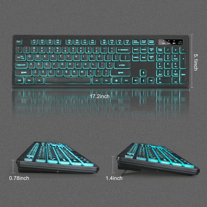 Teclado y mouse iluminados inalámbricos, brillo y color ajustables,...