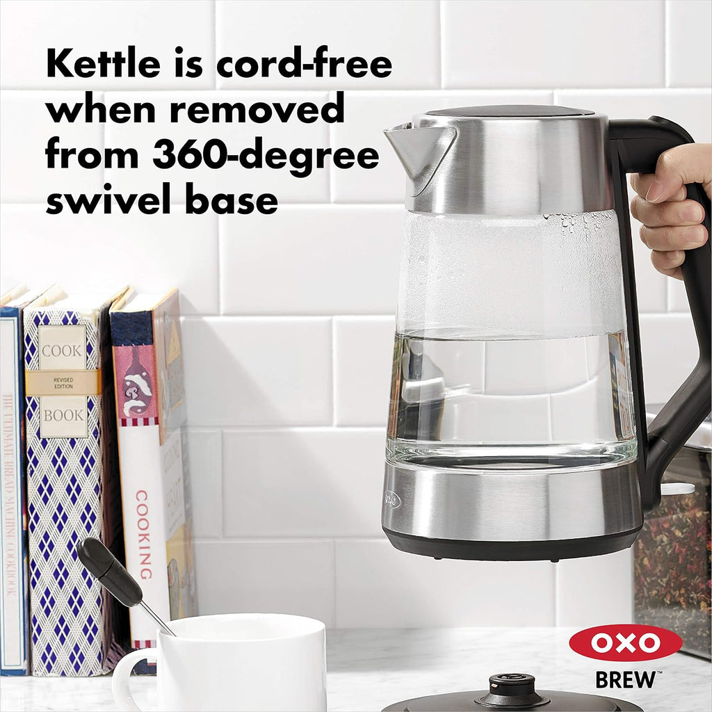 OXO Hervidor eléctrico de vidrio, inalámbrico, de acero inoxidable
