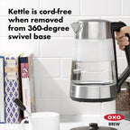OXO Hervidor eléctrico de vidrio, inalámbrico, de acero inoxidable