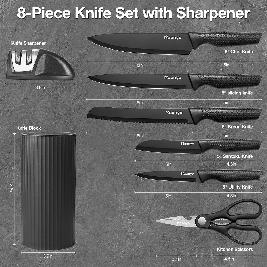 Juego de cuchillos de cocina de 8 piezas con afilador, bloque de cuchillos universal, cuchillas de acero inoxidable, diseño ergonómico, resistentes al óxido