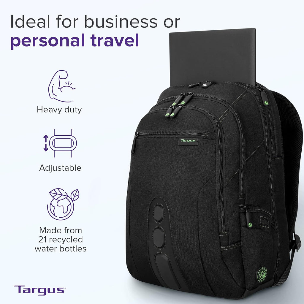 Targus Spruce EcoSmart - Mochila de viaje para laptop de 17 pulgadas, mochila de mano compatible con la TSA, bolsa para computadora portátil para trabajo y viajes, color negro (TBB019US)