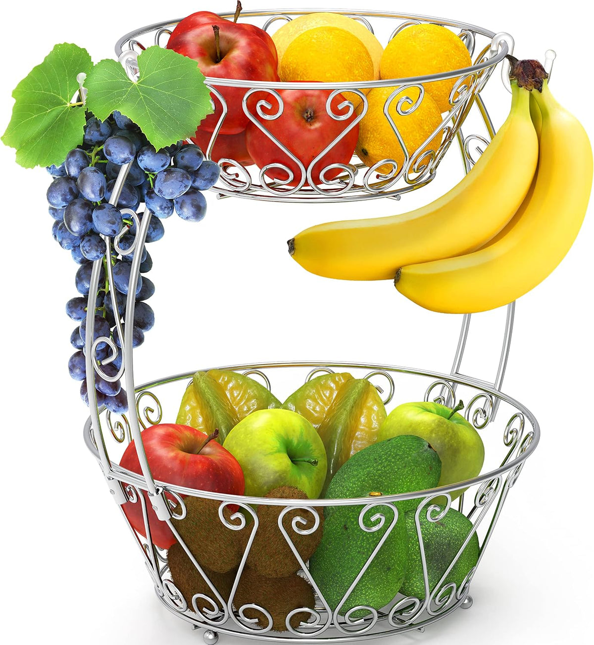 Simple Houseware Cesta de frutas de 2 niveles para encimera, color cromado