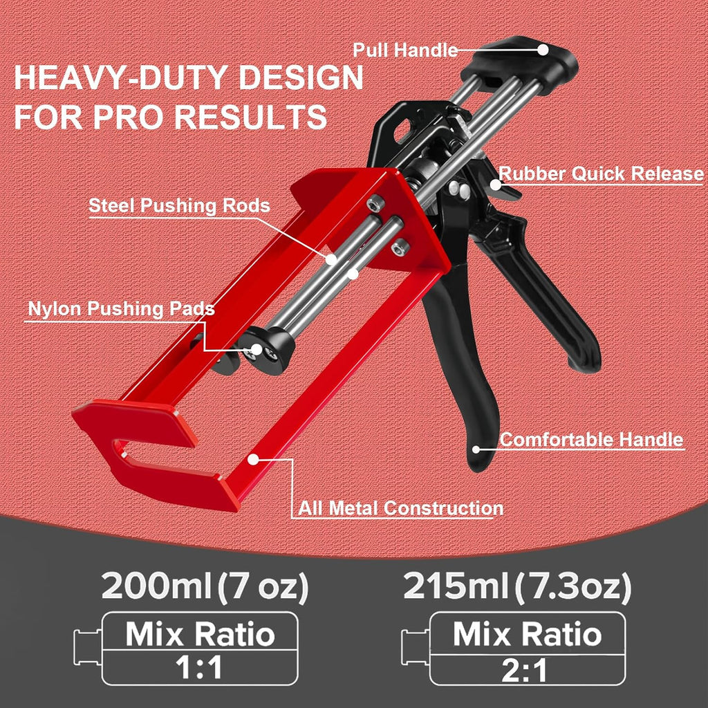 Pistola epoxi de doble componente de 6.8 fl oz – Manual 1:1 y 2:1 aplicador adhesivo para epoxi, uretano, acrílico, pistola adhesiva de 2 partes de alto empuje para unión de paneles, reparación estructural y plástica, rojo