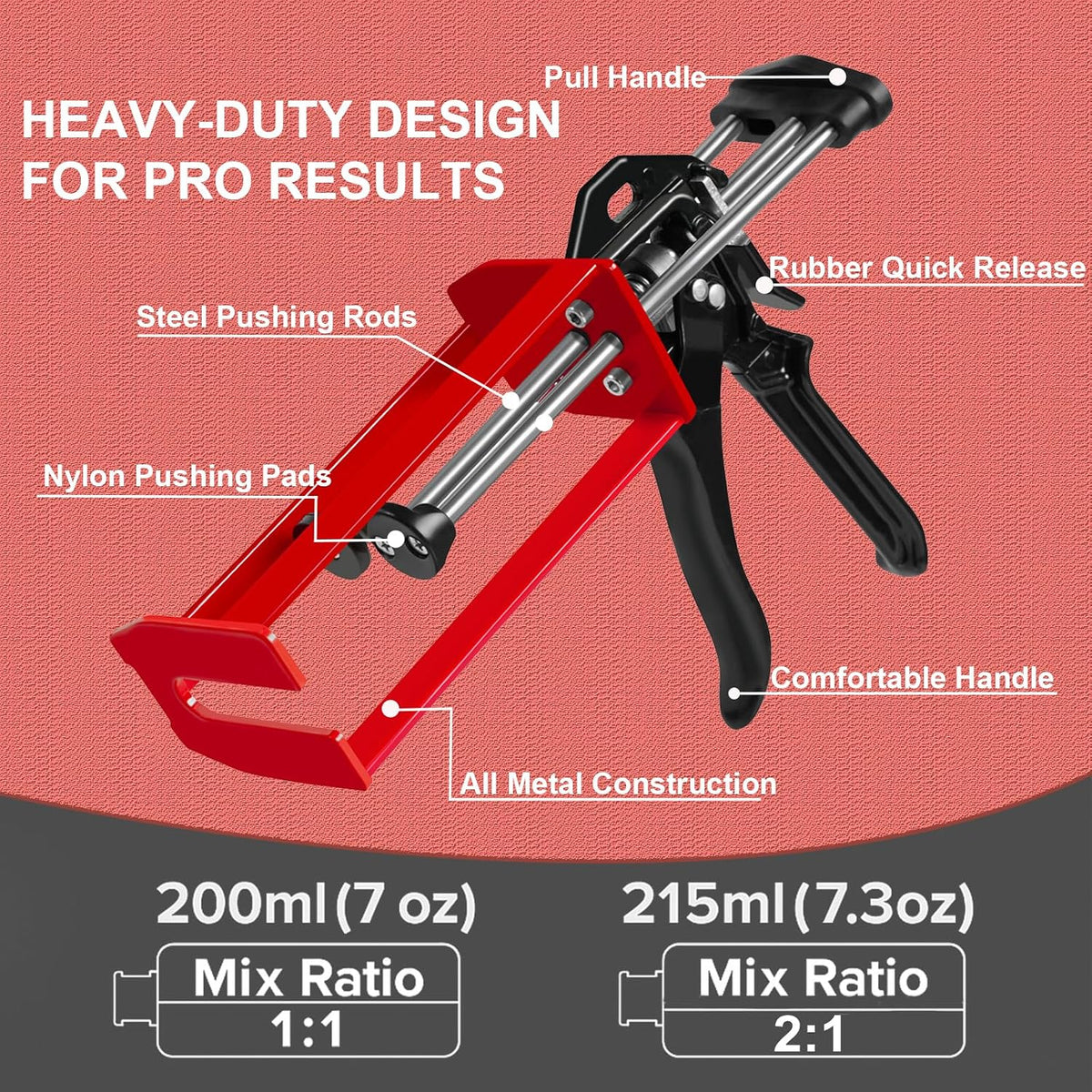Pistola epoxi de doble componente de 6.8 fl oz – Manual 1:1 y 2:1 aplicador adhesivo para epoxi, uretano, acrílico, pistola adhesiva de 2 partes de alto empuje para unión de paneles, reparación estructural y plástica, rojo