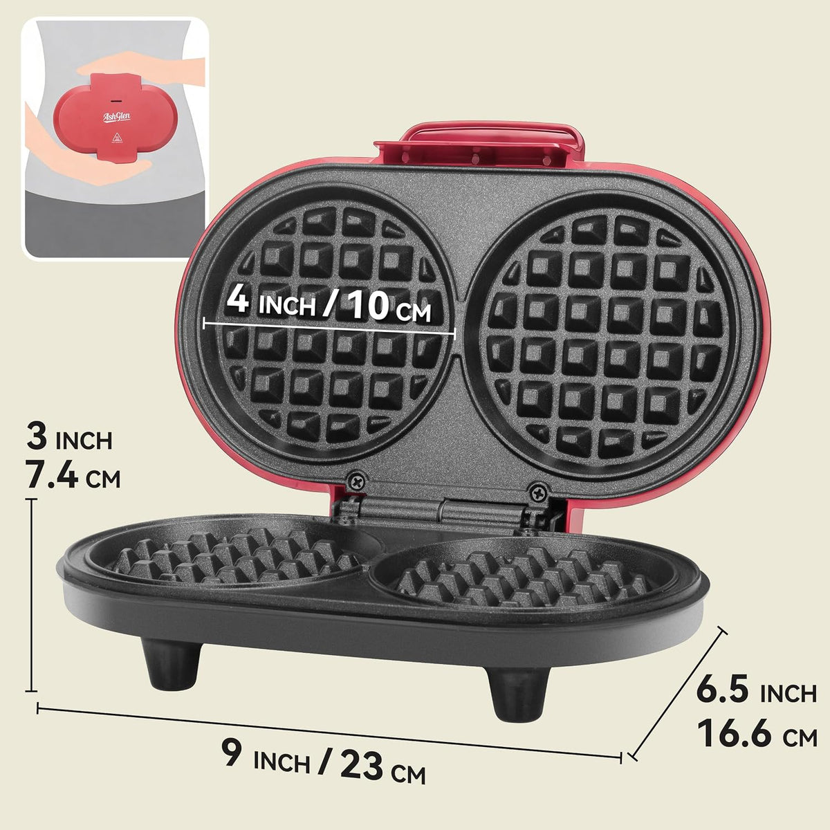 AshGlen Waflera Electrica - Mini waflera doble para niños, con rejillas antiadherentes redondas de 2 x 4 pulgadas, mini waflera pequeña, hace 2 gofres keto personalizados, mini plancha para gofres