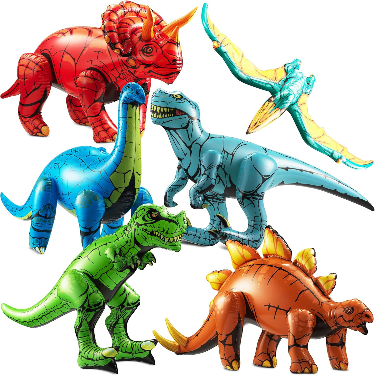 6 piezas de decoraciones inflables de dinosaurio para fiestas de cumpleaños, juguetes grandes de dinosaurios inflables para niños (20-26 pulgadas), dinosaurios para niños o niñas, globos de vinilo