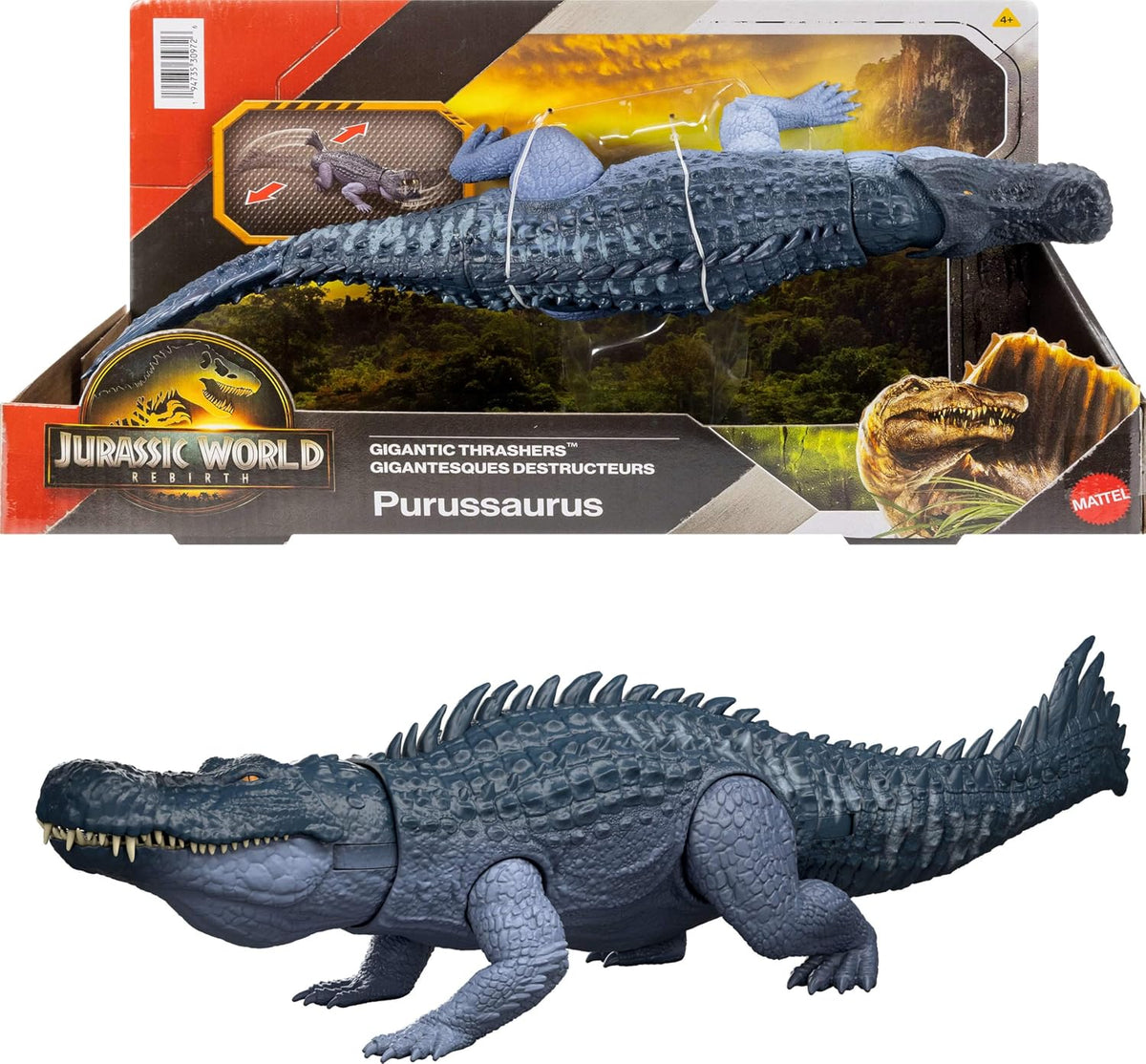 Mattel Jurassic World Rebirth Figura de Dinosaurio Thrashers Gigantes, Juguete de Especie Grande Purussaurus, 2 Ataques de Furia, Juego Digital
