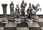 Juego de ajedrez de dioses de la mitología griega del Olimpo Zeus vs Poseidón en color peltre y bronce con tablero griego de 43 cm