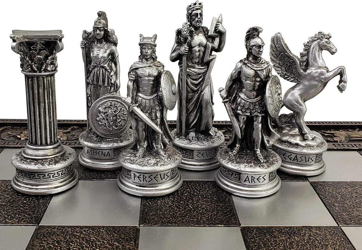 Juego de ajedrez de dioses de la mitología griega del Olimpo Zeus vs Poseidón en color peltre y bronce con tablero griego de 43 cm