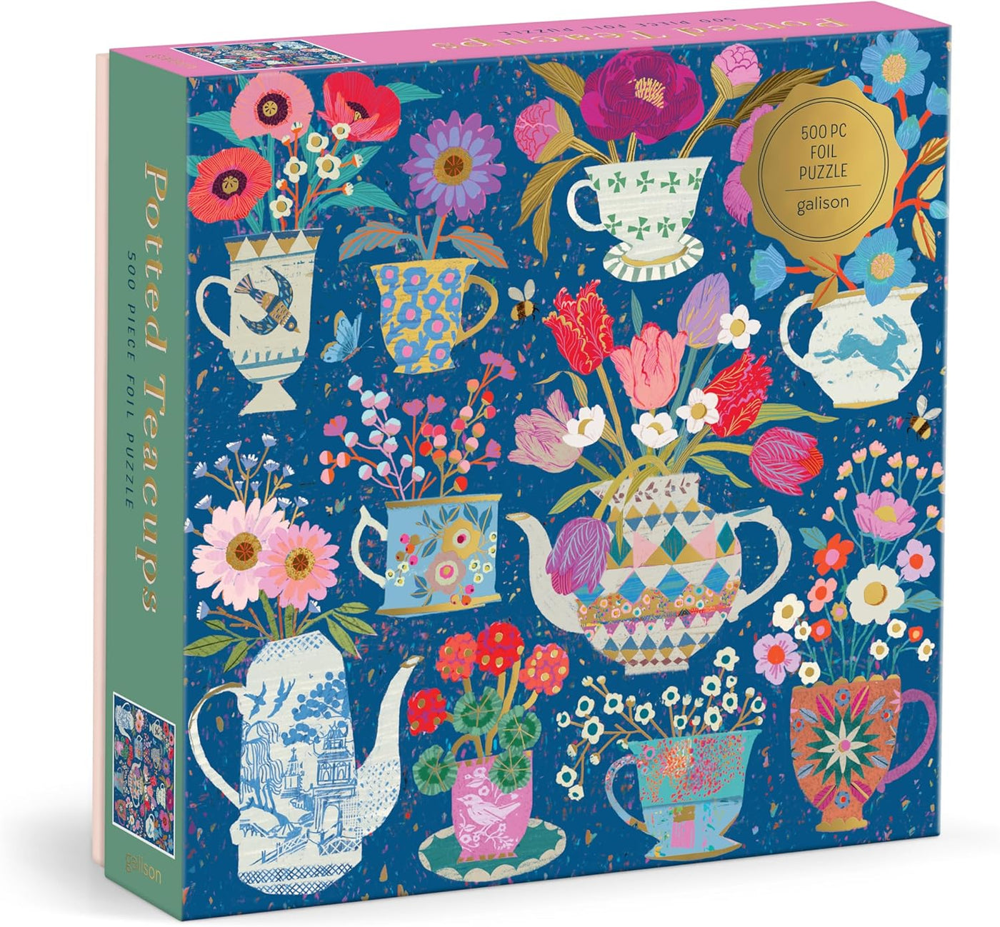 Galison Tazas de té en maceta, rompecabezas de 500 piezas de papel de aluminio con hermosas ilustraciones de tazas de té en maceta con fondo floral