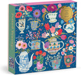 Galison Tazas de té en maceta, rompecabezas de 500 piezas de papel de aluminio con hermosas ilustraciones de tazas de té en maceta con fondo floral