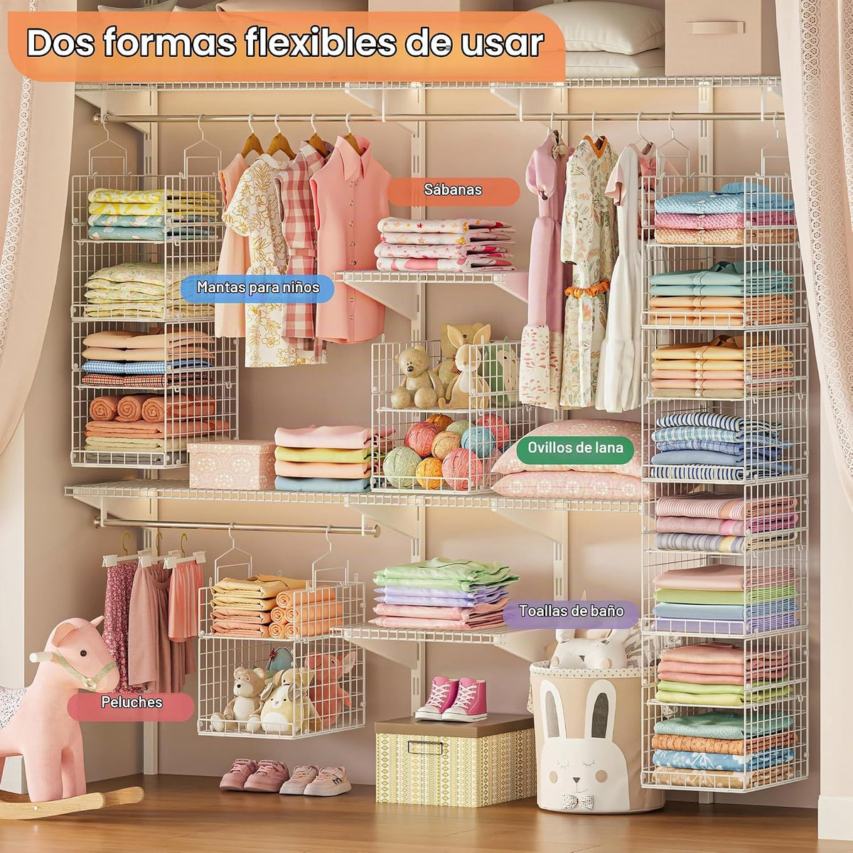 Organizadores de armario colgantes de profundidad extendida de 8 niveles y almacenamiento para sistema de armario, estantes apilables con 4 divisores ajustables para ropa, suéteres y bolsos, cesta