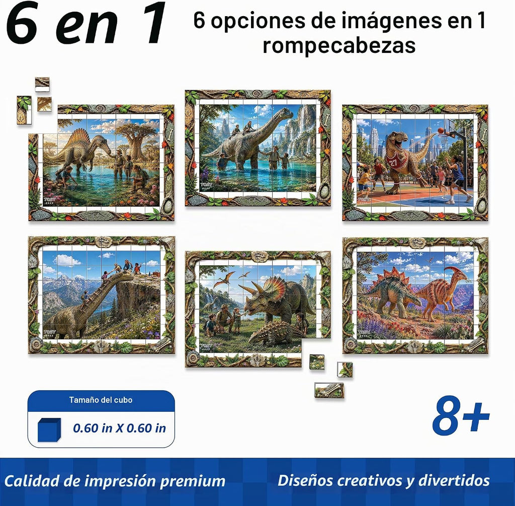 TOSY Picture Cube Life with Dinos: rompecabezas magnético 6 en 1, 80 bloques, 480 caras de rompecabezas, 0.63 pulgadas, B023, arte UV sin costuras, marco listo para exhibición, coleccionable, regalo