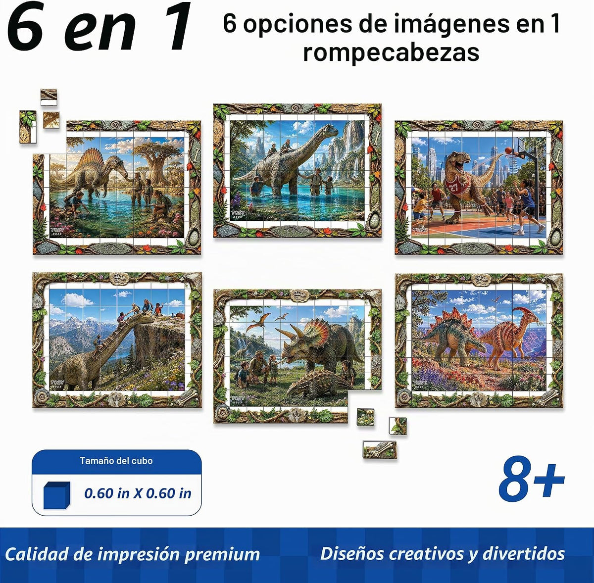 TOSY Picture Cube Life with Dinos: rompecabezas magnético 6 en 1, 80 bloques, 480 caras de rompecabezas, 0.63 pulgadas, B023, arte UV sin costuras, marco listo para exhibición, coleccionable, regalo