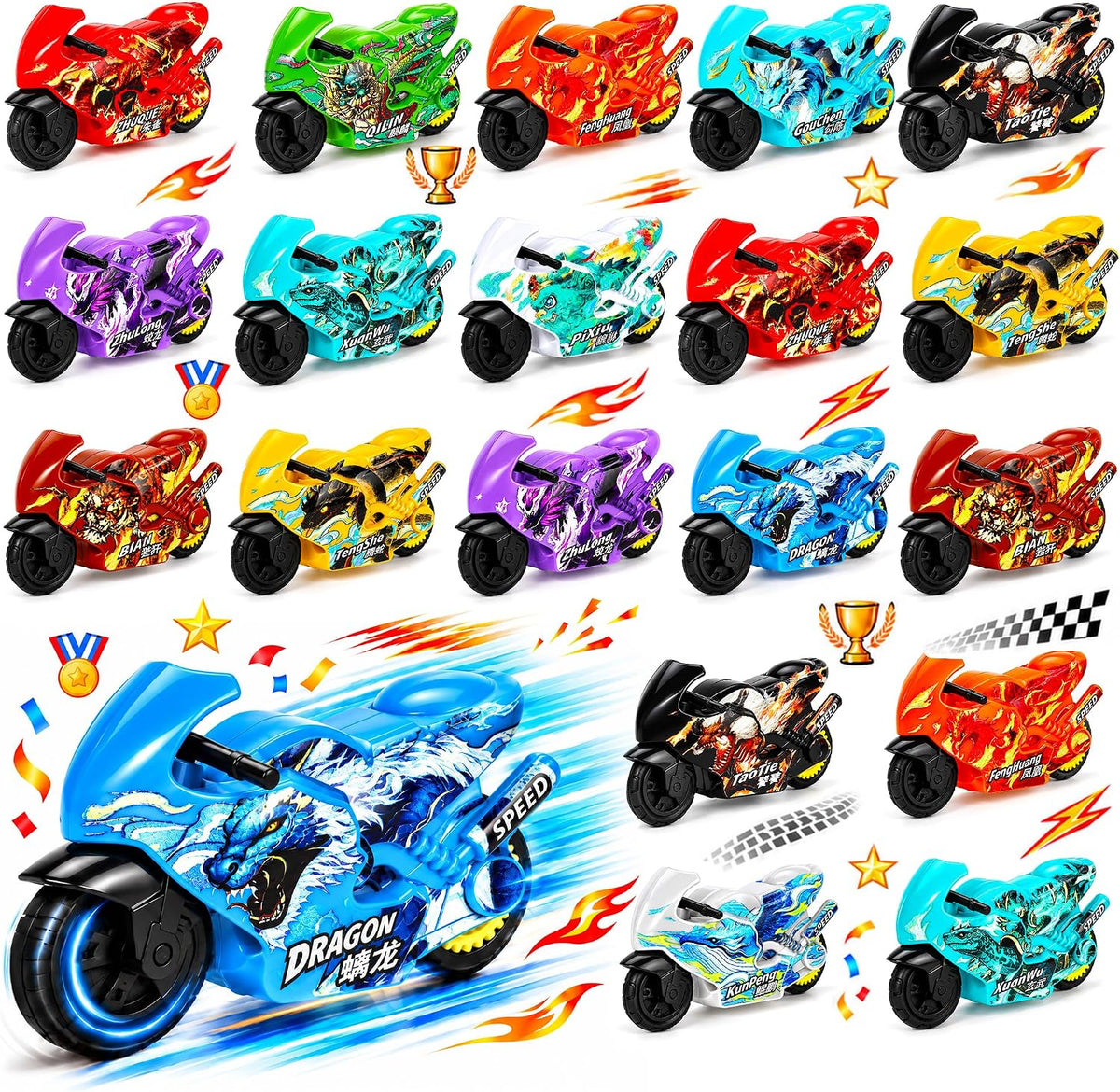 24 piezas de motocicletas de juguete, coches a granel, caja del tesoro