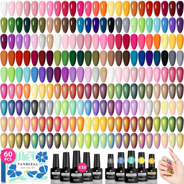 VANREESA Juego de 60 esmaltes de uñas de gel, 55 colores con capa b...