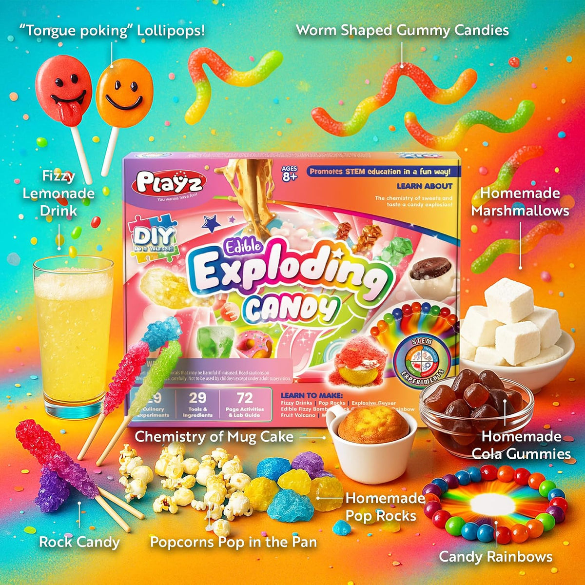 Playz - Kit de química CTIM de ciencia alimentaria, haz tus propios experimentos de chocolates y dulces para niños, niñas y adolescentes a partir de 8, 9, 10, 11, 12, 13+ años