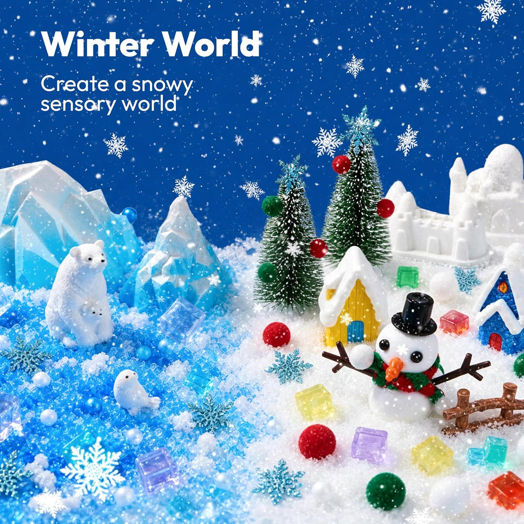 JOVA Klever Kits - Contenedor sensorial de nieve para niños, con piedras que brillan en la oscuridad, kit de nieve falsa del mundo de invierno con figuras de animales árticos