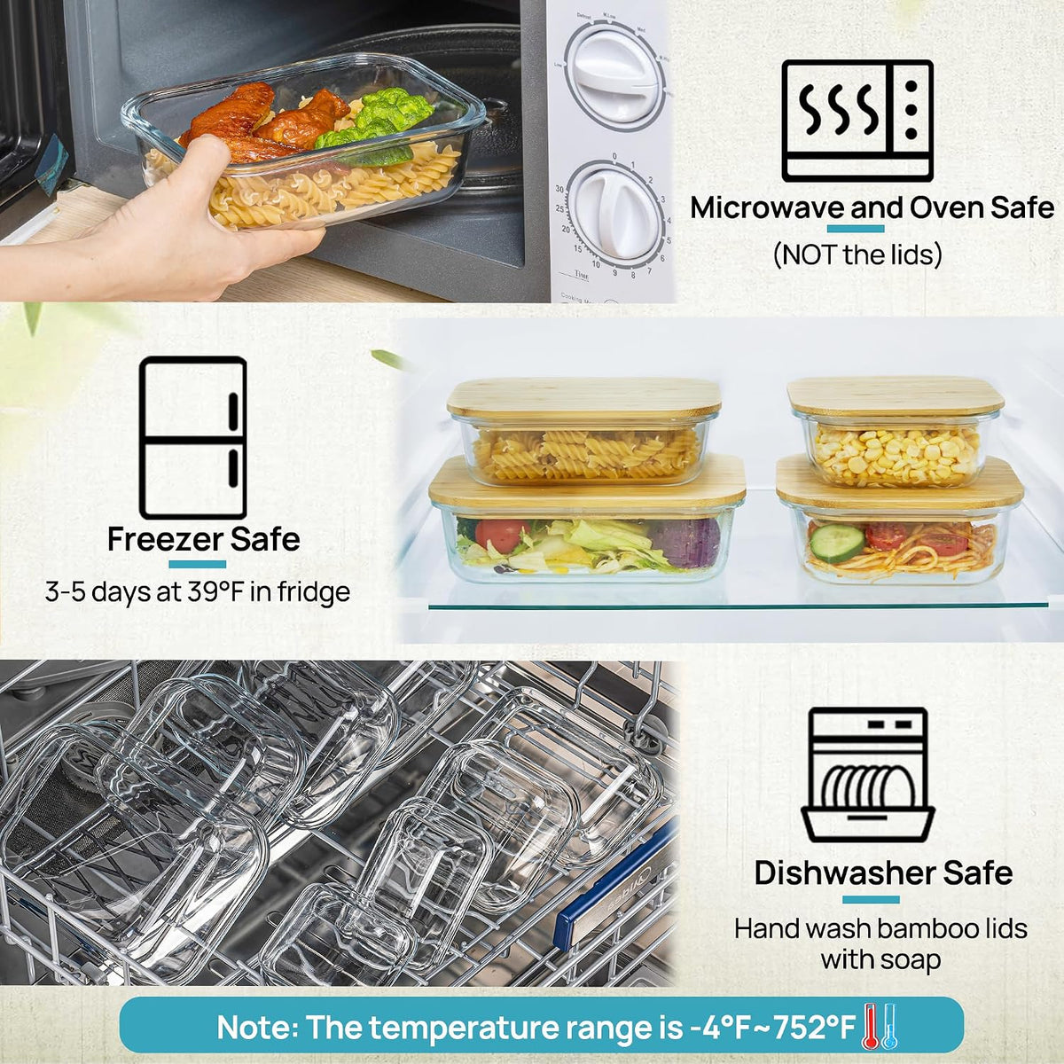 Vtopmart Recipientes de vidrio para almacenamiento de alimentos con tapas de bambú, paquete de 4 recipientes de vidrio para preparación de comidas, seguros para microondas, horno, congelador y
