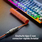 Pro Custom - Cable USB C en espiral para teclado mecánico de videojuegos, cable con doble manga y conector extraíble tipo aviación, 5 pies, USB-C a USB-A, naranja brillante