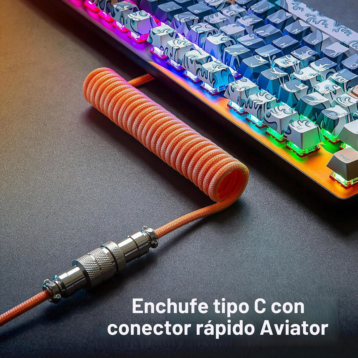 Pro Custom - Cable USB C en espiral para teclado mecánico de videojuegos, cable con doble manga y conector extraíble tipo aviación, 5 pies, USB-C a USB-A, naranja brillante
