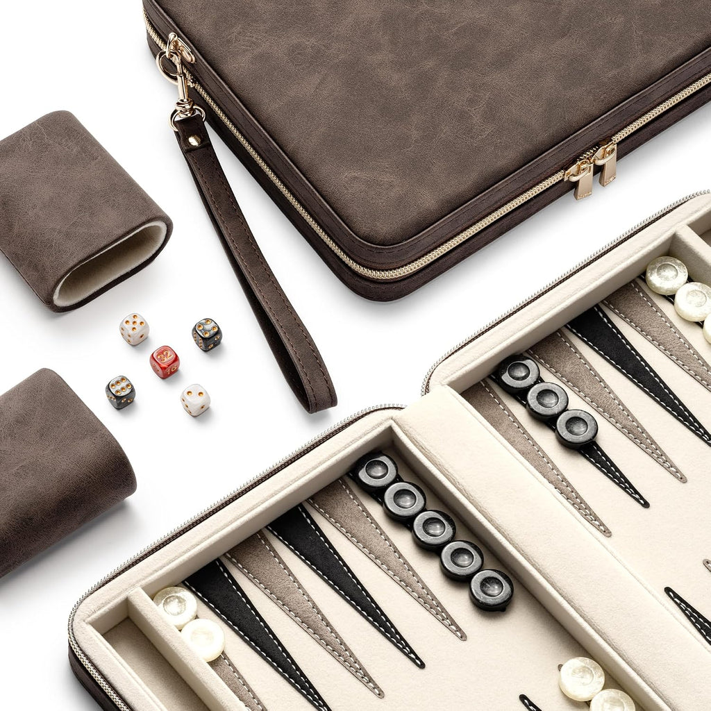 Juegos de backgammon para adultos y niños, tablero clásico de backgammon con dados de damas únicos, funda plegable de piel sintética de backgammon para backgammon (marrón)