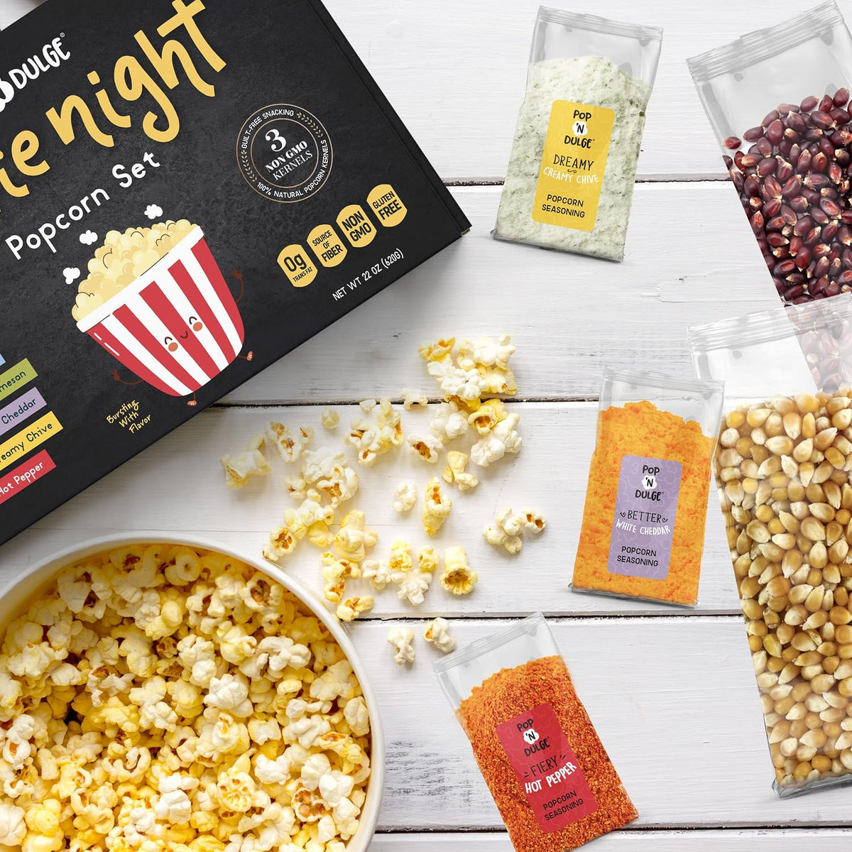 Pop n' Dulge Palomitas de maíz para noche de cine, set de regalo de 16 piezas, 5 paquetes de palomitas gourmet sin OMG, 5 paquetes de variedad de condimentos, snacks kosher, gran idea de regalo para