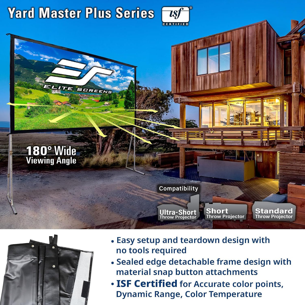 Elite Screens Yard Master Plus, pantalla portátil ajustable en altura de 145 pulgadas 16:9, pantalla de proyección para cine al aire libre y en interiores, 4K HD, proyección frontal, empresa con sede