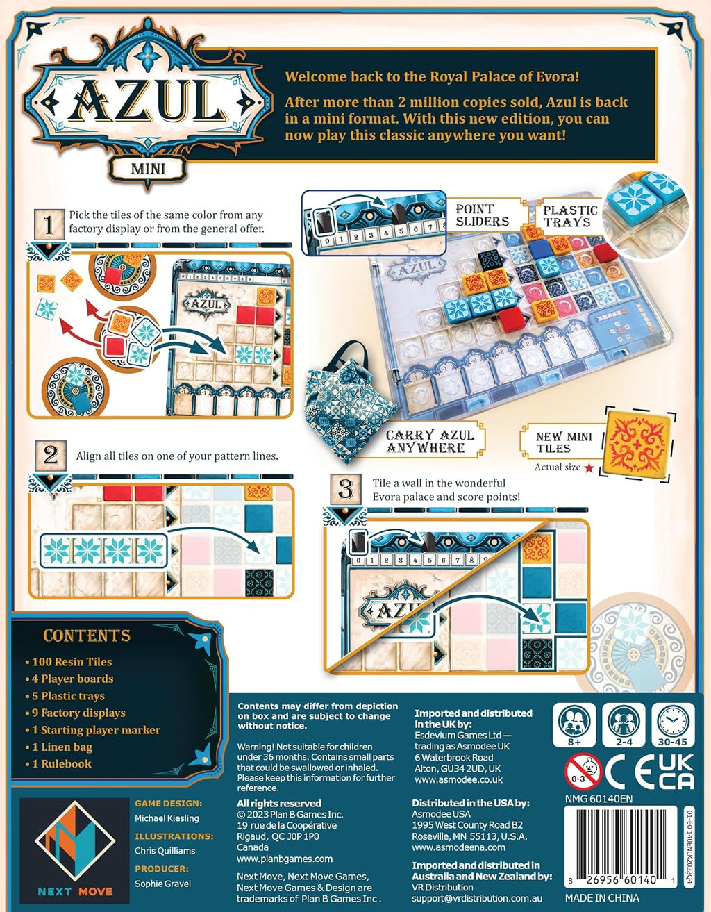 Azul Mini Juego de Mesa - Diversión Portátil de Colocación de Fichas, Juego de Estrategia para Niños y Adultos, Edades 8+, 2-4 Jugadores, Tiempo de Juego de 30-45 Minutos, Fabricado por Next Move
