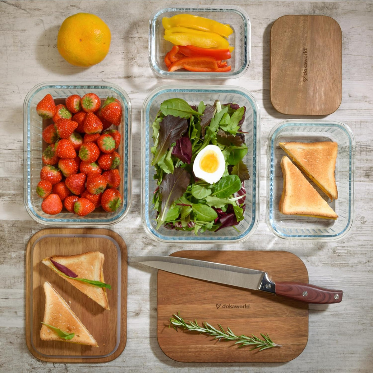 Juego de 4 cuencos de vidrio apilables que ahorran espacio y se anidan con tapas herméticas de acacia para almuerzo, comidas y preparación de alimentos, aptos para microondas y horno, sin