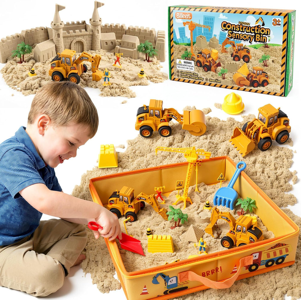Billeeit Kit de construcción de arena con caja de arena, arena, camiones y