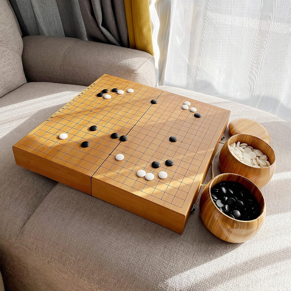 19x19 / Juego de Go de Alta Calidad en Caja de Regalo con Tablero de Piedras de Melamina Convexas Únicas y Juego de Cuencos de Bambú