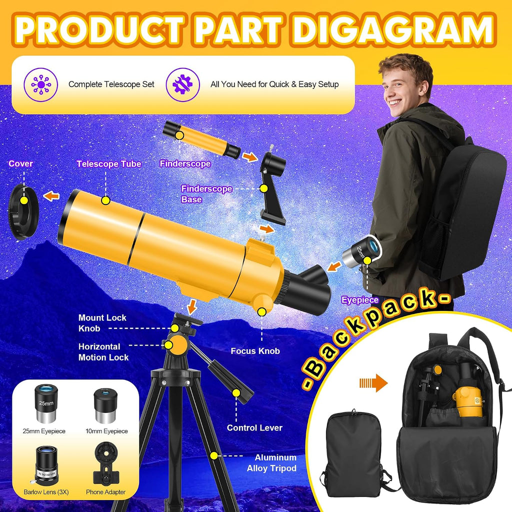 Telescope para Adults & Kids, 80mm Aperture 500mm Refractor