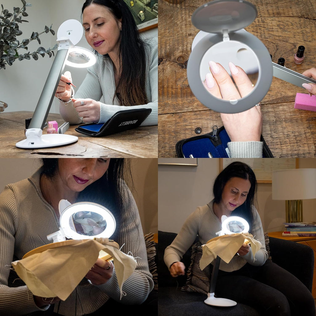 Lámpara Halo Go 2 Lámpara de aumento recargable portátil – Aumento de 5 dioptrías (2.25X), 6,000K daylight LED, 4,200 Lux brillo, diseño plegable compacto con carga USB y estuche de transporte de terciopelo