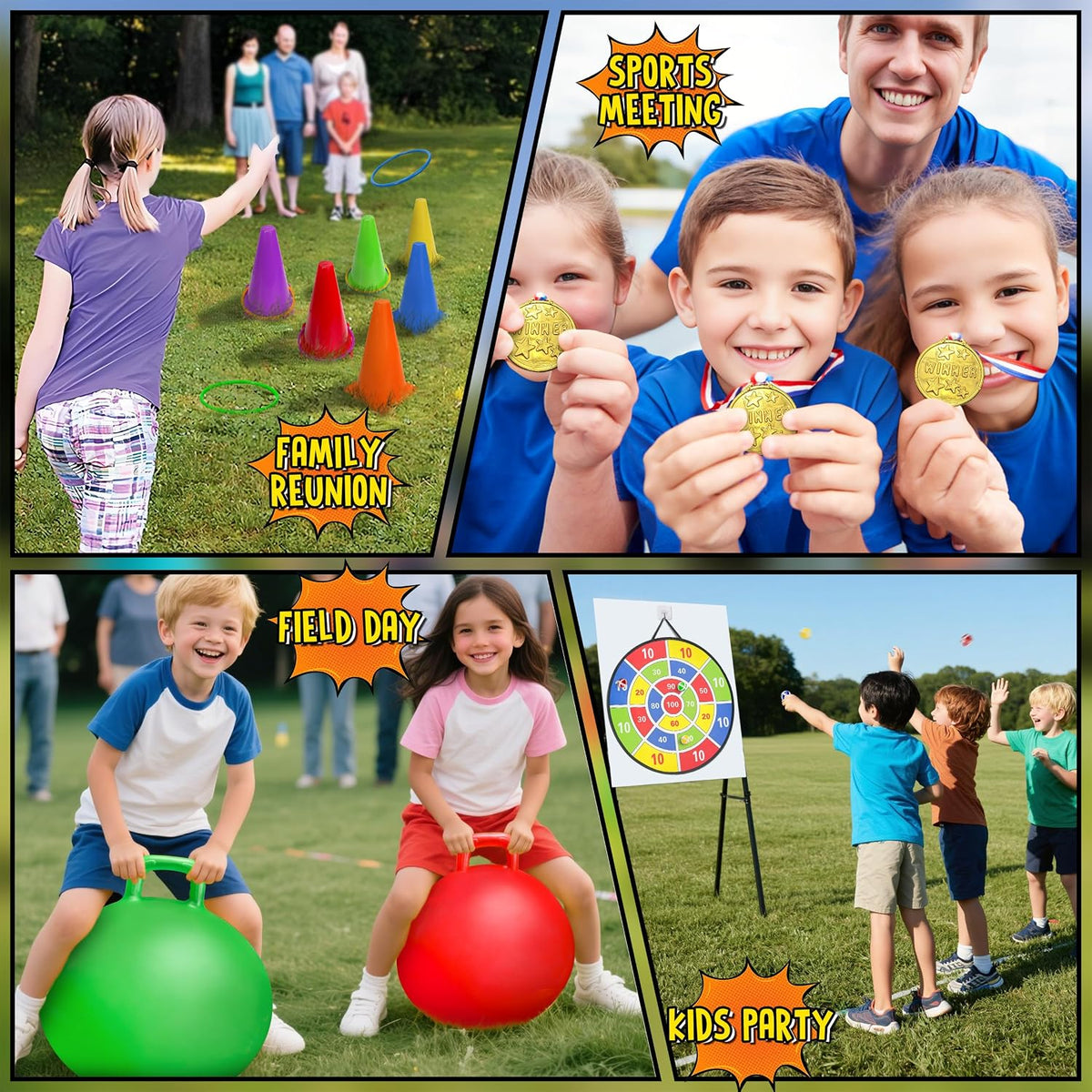 LINAYE Juego combinado de juegos de carnaval, actividades al aire libre, césped, patio, reunión familiar, festival de otoño, bolas de tolva, tablero de dardos para niños, lanzamiento de anillo, huevo y cuchara para fiesta de cumpleaños de niños