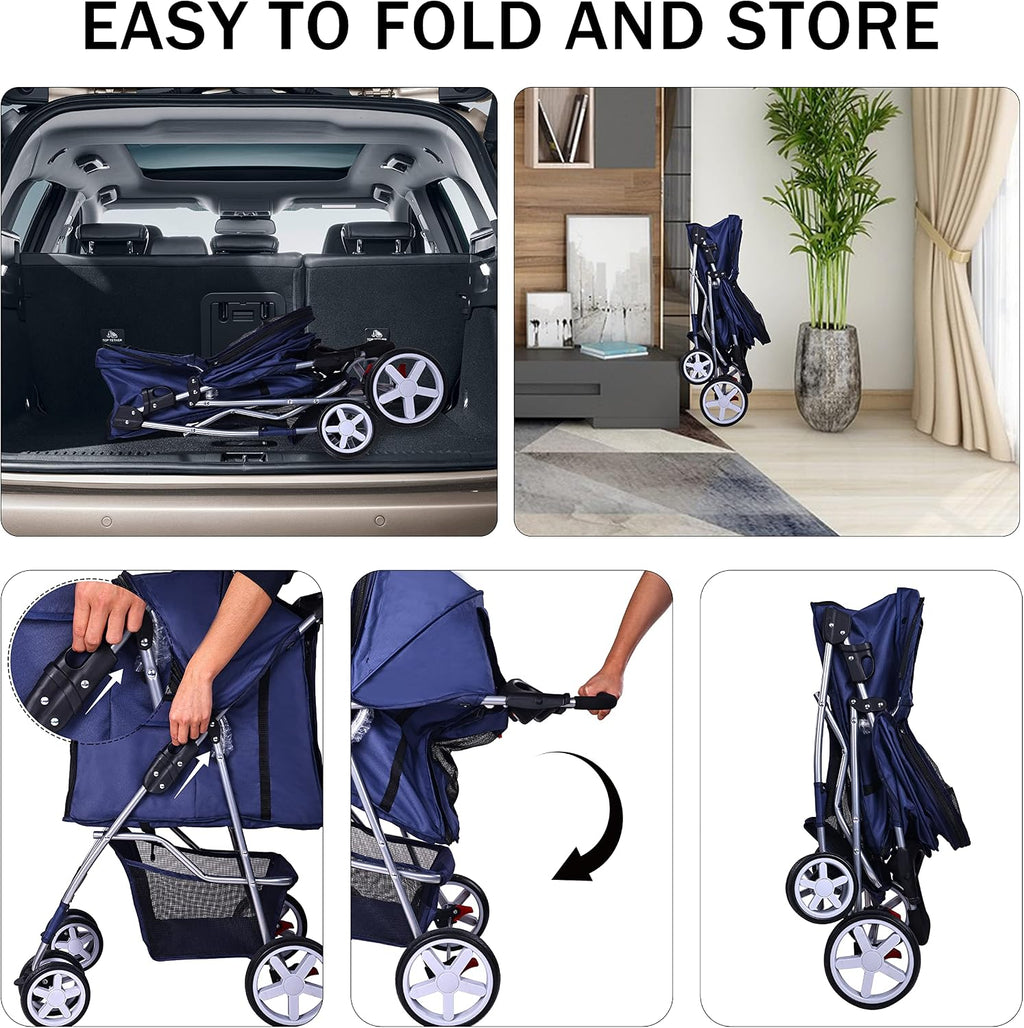 Elevon Cochecito para mascotas, cochecito multifuncional de 4 ruedas, cochecito de viaje portátil plegable con transportador desmontable, adecuado para perros medianos y pequeños, gatos, azul