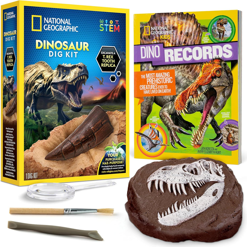 Juego de excavación de fósiles de dinosaurios NATIONAL GEOGRAPHIC y libro de dinosaurios para niños - Excava un fósil de diente de dinosaurio réplica y estudia la paleontología con un libro de