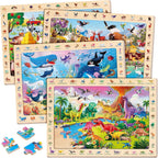 SYNARRY Rompecabezas de madera de animales del océano de granja de dinosaurios para niños de 4 a 6 años, 4 x 60 piezas, rompecabezas para combinar y encontrar para niños de 3 a 5 años, rompecabezas