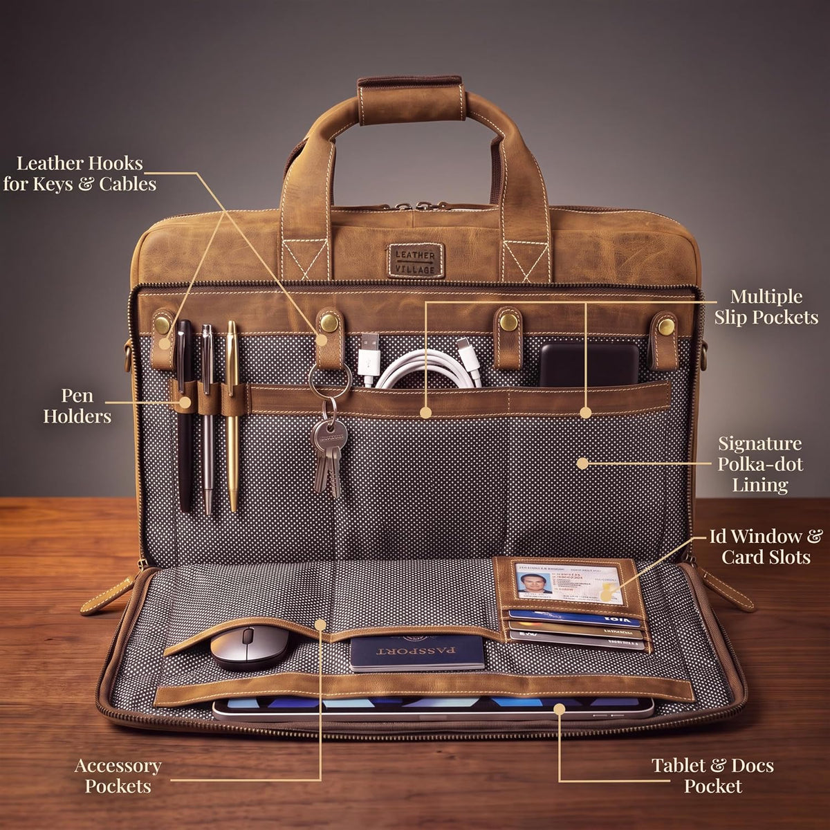 LEATHER VILLAGE Maletín de mensajero para portátil de cuero genuino de 18