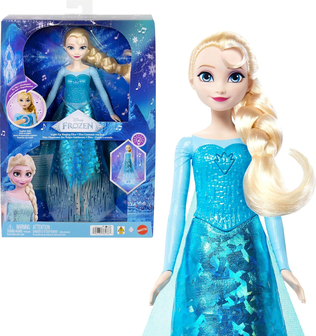 Mattel Muñeca Elsa cantante de Frozen de Disney con luces y música, canta "Let It Go" de Movie, posable con traje brillante y zapatos extraíbles