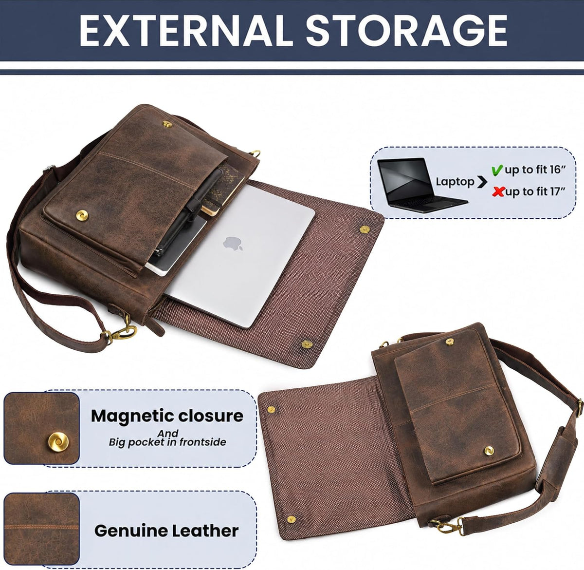 LEATHER VILLAGE Bolso Mensajero de Cuero Vintage–Morral Hecho a Mano de 15.5" para Hombres y Mujeres– Bolso de Hombro para Oficina, Viajes y Uso Diario