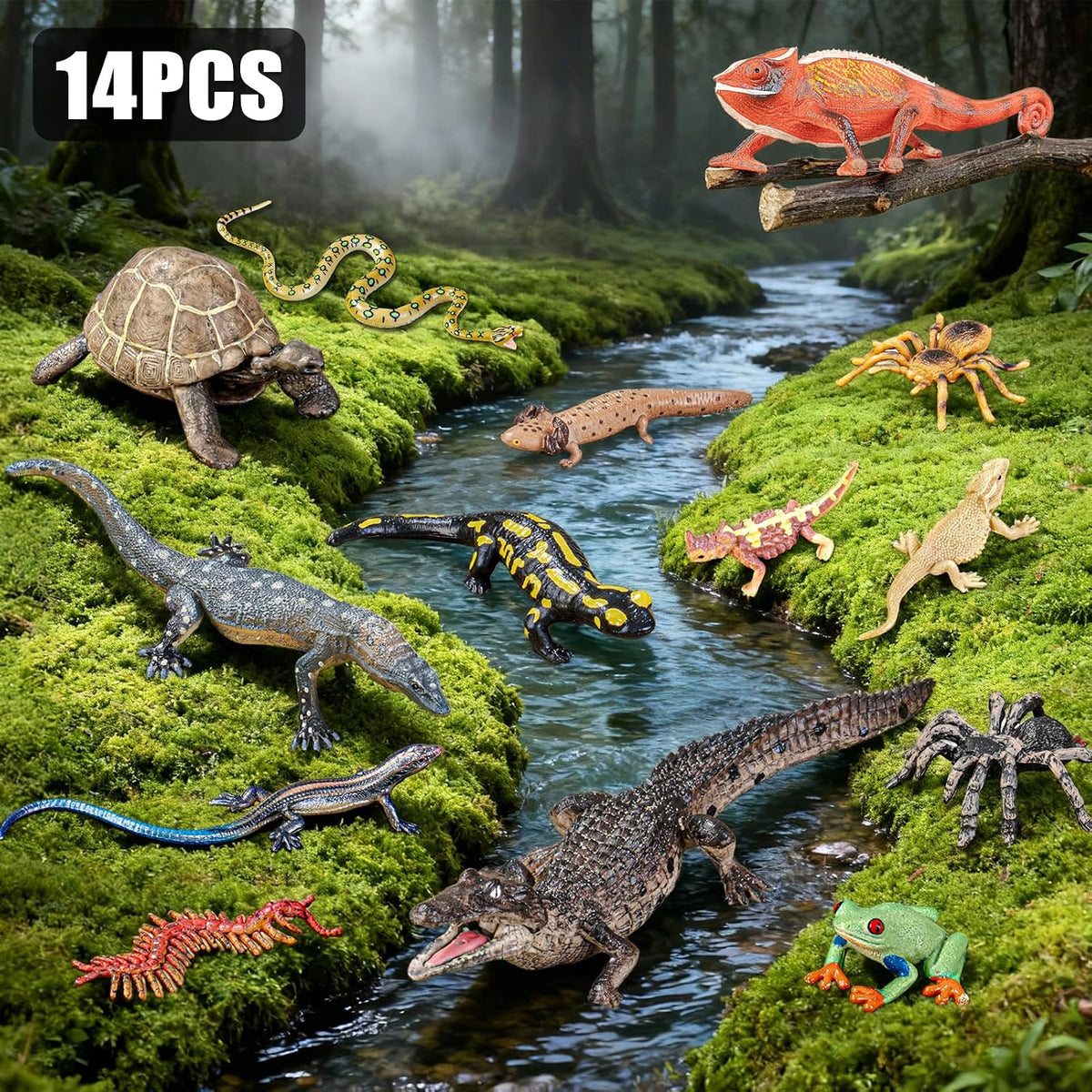 14PCS figuras de animales de reptiles juguetes anfibios diorama juguetes